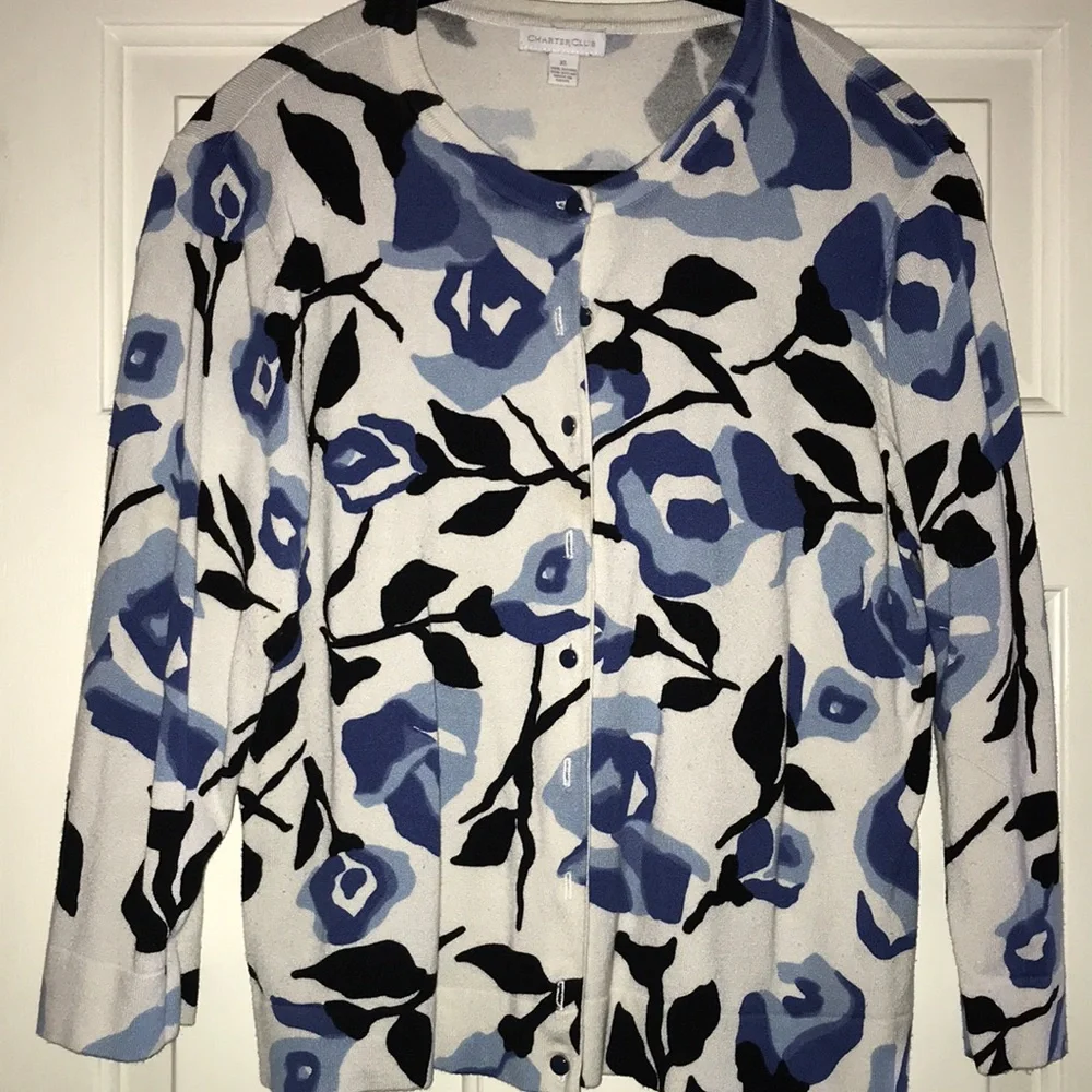 Charter Club Blue Black White Floral Cardigan Sweater - Picture 1 of 3